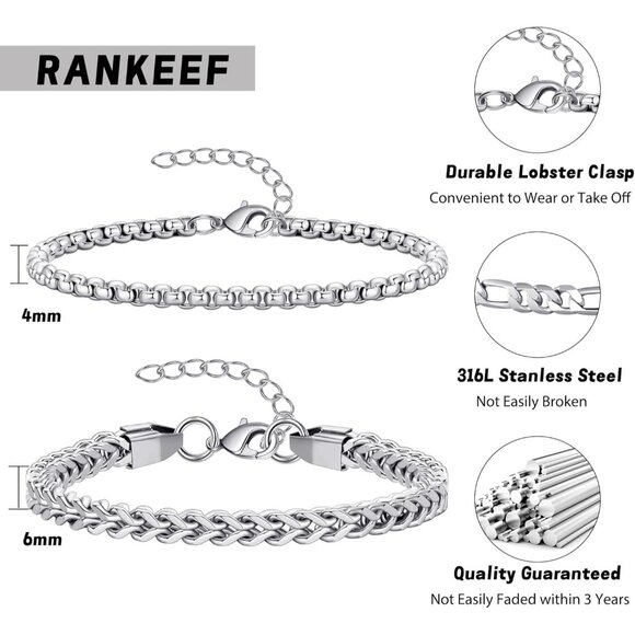 2Pcs Silver Cuban Link Bracelets for Men Stainless Steel Adjustable Non Tarnish - Picture 3 of 7